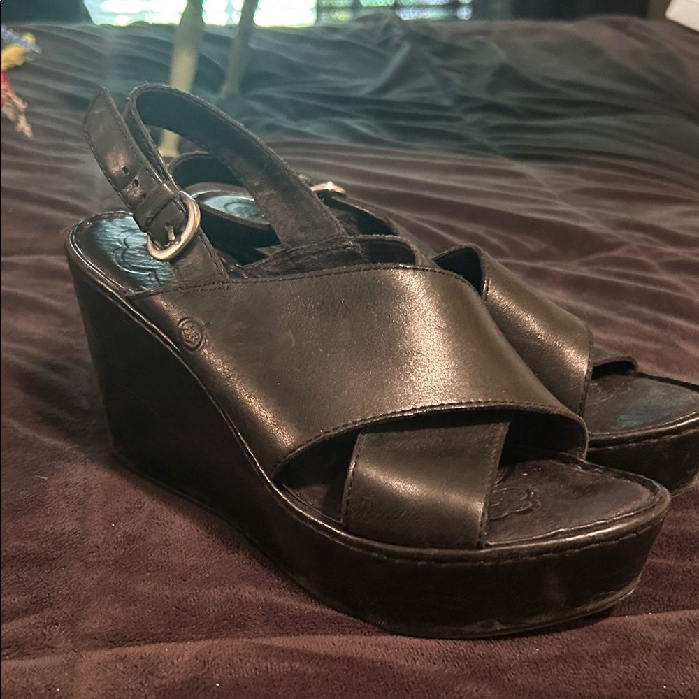 Born Black Leather Wedge Sandals